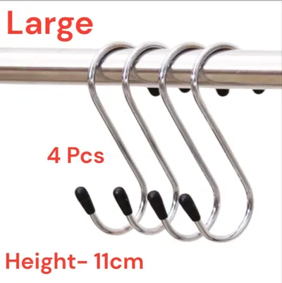 4Pc Large Stainless Steel S Hook Kitchen Metal Utensil Clothes Hanger Rubber End