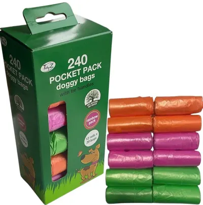 240 Dog Poo Bag Strong Pocket Rolled Large Tie Handles Puppy Poop Waste Bags