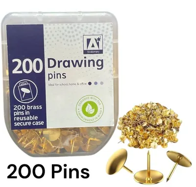 200 Brass Drawing Pins 9.5mm Strong Metal Gold Colour in Reusable Secure Case