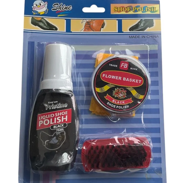 3PC BLACK LIQUID SHOE POLISH SET BRUSH KIT POLISHING SHINE SNEAKERS SCRUB