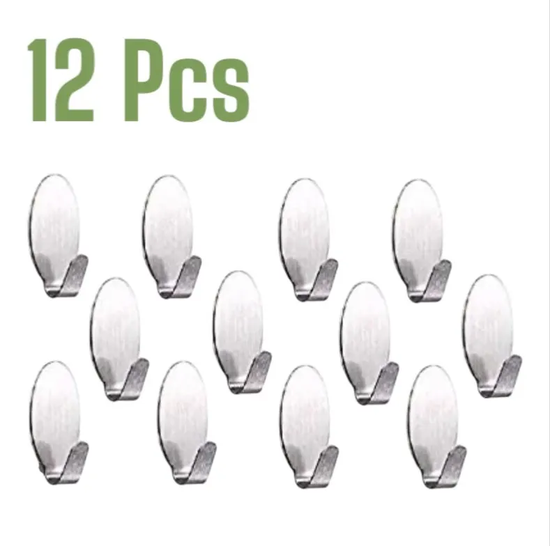 12 Pc Stainless Steel Self Adhesive Hooks Strong Sticky Stick on Wall Door Hooks